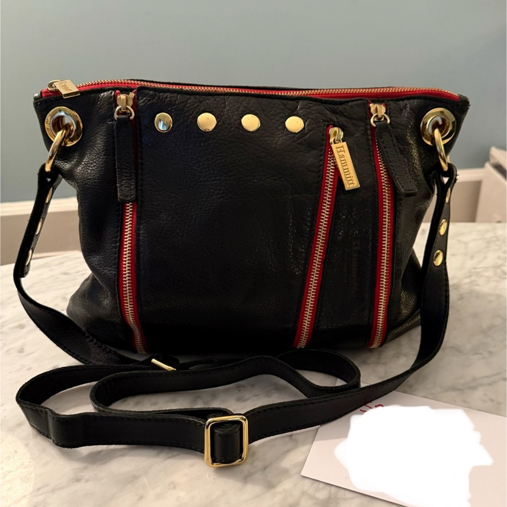 Hammitt Black Conrad Crosbody Bag Red Zips and Gold Hardware